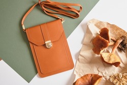 small brown bag and poisonous toadstools on a green background, eco-leather from mushroom mycelium concept, natural textiles, vegan leather from natural recyclable materials