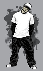 Urban Male Tshirt Model Vector illustration of a young urban male model posing in a white t-shirt, baggy black pants, and white ball cap in front of graffiti design elements in the background
