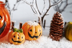 Halloween pumpkins and Christmas decorations in the snow, MyRealHoliday, My Real Holiday