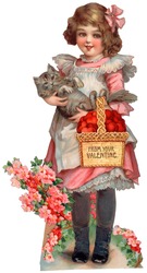 A vintage die-cut Valentine illustration of girl with a basket of hearts and a cat (greeting card entitled, ''From Your Valentine
