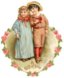 A vintage die-cut Valentine illustration of boy and girl friends (greeting card entitled, ''A Gift of Love