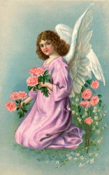 A vintage Easter illustration of an angel picking flowers (circa 1907)