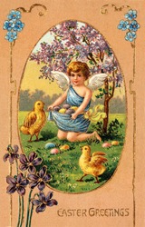 A vintage Easter greeting card illustration of cherub gathering Easter eggs (circa 1908)