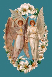 A vintage Easter illustration of two angels framed by Lilies (circa 1902)