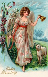 A vintage Easter illustration of an angel leading sheep to pasture (circa 1910)
