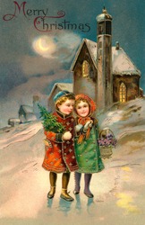 'Merry Christmas' - Children on a moon lit Christmas eve - a circa 1912 vintage greeting card illustration.