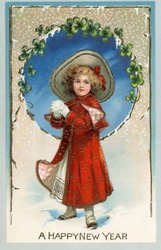 1911 vintage Happy New Year greeting card illustration