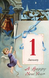 1913 vintage Happy New Year greeting card illustration - (cherub ringing in the new year).