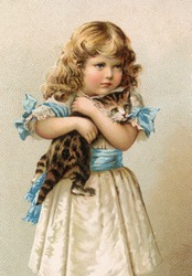 Little girl holding a cat - a vintage (c.1890) illustration.