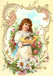 Little girl holding a shy kitten in her bonnet - a vintage (c.1890) illustration.