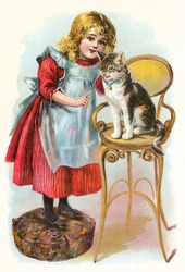Little girl teaching her cat to obey - a vintage (c.1890) illustration.