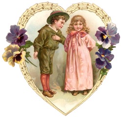 A vintage Valentine illustration of a boy greeting a young girl (circa 1890)