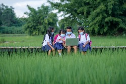 Elementary school children Asians living in rural areas Wear a face mask to prevent the coronavirus (COVID 19) in a rural school in Thailand. Students are studying online with friends.