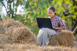 Asian primary school girls living in rural areas and schools in Thailand sit and watch laptops to study and study online using their laptops.