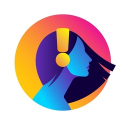 Bright woman listening to music in headphones. Concept of podcast, audio chat, radio, meditation. Colored female silhouette, side view. Icon, logo, design, avatar. Contemporary vector illustration.