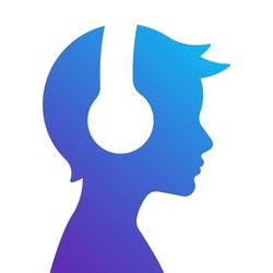 Little boy listening to music in headphones. Silhouette of teenager, side view, icon, logo, design, avatar, emblem. Contemporary vector illustration.