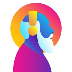 Bright old man listening to music in headphones. Concept of podcast, audio chat, radio, meditation. Colored male silhouette, side view. Icon, logo, design, avatar. Contemporary vector illustration.
