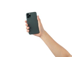 Female hand holding and touching on mobile smartphone show back side.