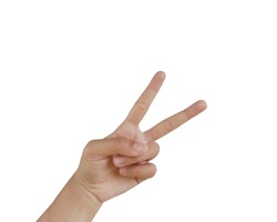 Close up Asian female hand in scissors gesture, number two, victorious gesture, sign finger arm and hand isolated on a white background copy space symbol