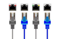 Network and ethernet cable. RJ45 Modular plugs for solid Cat5, Cat5e Ethernet Cable connecter. RJ45 UTP Patch cable. CAT6 Cable. 
RJ45 Female. Vector.