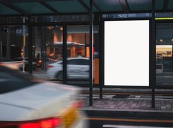 Blank white Banner light box Media Advertisement at bus stop City street Mock up board template