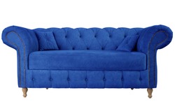 Navy blue sofa with pillows on wooden legs isolated on white. Darck blue suede couch isolated
