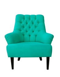 Trendy turquoise soft armchair isolated on white background. Contemporary living room furniture