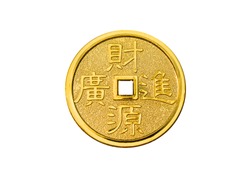 Beautiful golden Chinese wealth coin with words for lucky and happy on Chinese new year 2017 isolated on white background for, close-up money with clipping path included