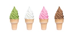 Soft serve ice cream of vanilla, strawberry, chocolate and green tea flavours on crispy cone isolated on white background (clipping path included)