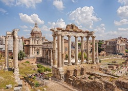 Roman Forum - Forum (Square) in the heart of ancient Rome with the surrounding buildings. Italy.