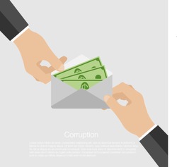 Corrupt man received money in an envelope. Man giving bribe money in a grey envelope to another businessman in a corruption scam. Isolated illustration