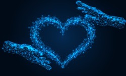 Hands hold a heart made of particles and fragments. Polygonal construction of concatenated lines and points. Blue background.