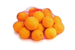 Orange fruits on net bag isolated on white background