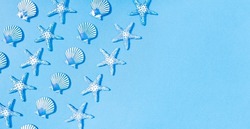 Blue summer background of decorative glass sea conch pattern with copy space. Starfish, sea conch, scallop