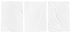 Three White paper wrinkled poster template isolated on white background. Blank glued creased paper sheet mockup