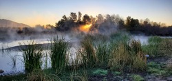 The Santa Cruz river at sunrise on a cold morning with a heavy mist or fog rising from the water. Sunlight peaking through trees and steam with a clear sky and green reeds on the banks of the shore.