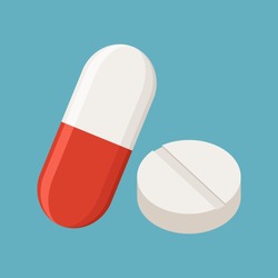 Drugs and Pills on blue background, Medical pill, Tablet symbol. Vector Illustration.