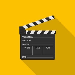 Film clapper board icon on yellow background with shadow. Blank movie clapper cinema vector illustration
