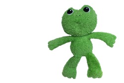 Frog doll, made of soft green fur, isolate