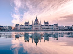 Budapest Parliament Building at Pink Clouds at Sunrise