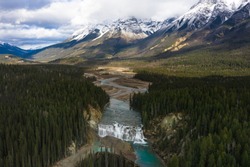 Rocky Mountains in Yoho National park with Wapta waterfall and Kicking Horse river depicting picturesque landscape viewpoint in British Columbia in Canada. Nature photography.