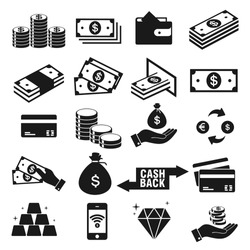 Money and payment icons set, isolated on white background, vector Illustration 