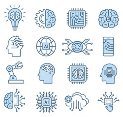 artificial intelligence icon set in line style, machine learning, smart robotic and cloud computing network digital AI technology: internet, solving, algorithm, vector illustration