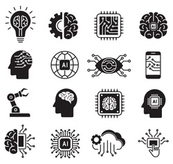 artificial intelligence icon set in flat style, machine learning, smart robotic and cloud computing network digital AI technology: internet, solving, algorithm, vector illustration