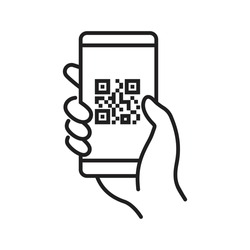 QR code scanning icon in smartphone. hand holding Mobile phone in line style, barcode scanner for pay,  web, mobile app, promo. Vector illustration.