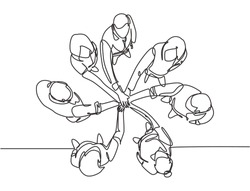 One single line drawing group of young happy business people unite their hands together to form a circle shape symbol, top view. Trendy teamwork concept continuous line draw design vector illustration