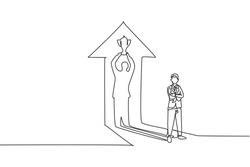 Single continuous line drawing of young business man standing with lifting trophy up shadow. Professional business champion. Minimalism concept dynamic one line draw graphic design vector illustration