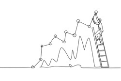 Single continuous line drawing of young business man climbing stair to sign increase market chart. Professional businessman. Minimalism concept dynamic one line draw graphic design vector illustration