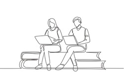 Single one line drawing couple with laptop sitting on pile of books together. Freelance, distance learning, online courses, studying concept. Continuous line draw design graphic vector illustration