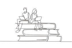 Continuous one line drawing couple with laptop sitting on pile of books together. Freelance, distance learning, online courses, studying concept. Single line draw design vector graphic illustration